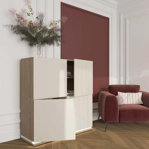 Credenza alta 120x125h cm 4 ante con led beige rovere Lyve