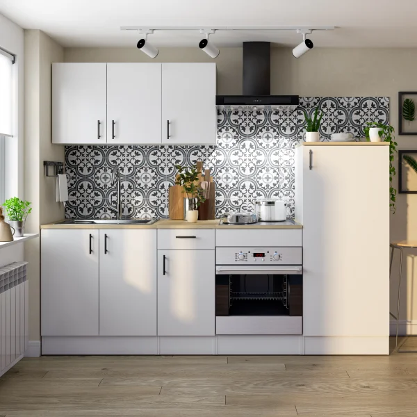 Cucina completa lineare 240 cm componibile bianco lucido rovere Kimera 1