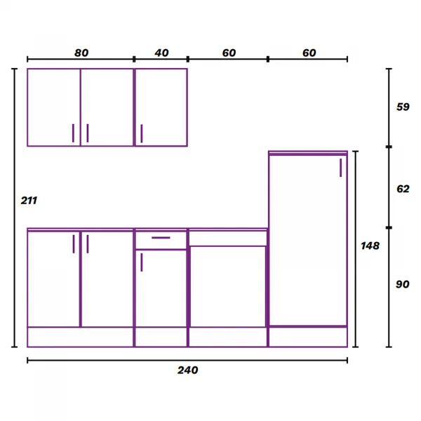 Cucina completa lineare 240 cm componibile bianco lucido rovere Kimera 1