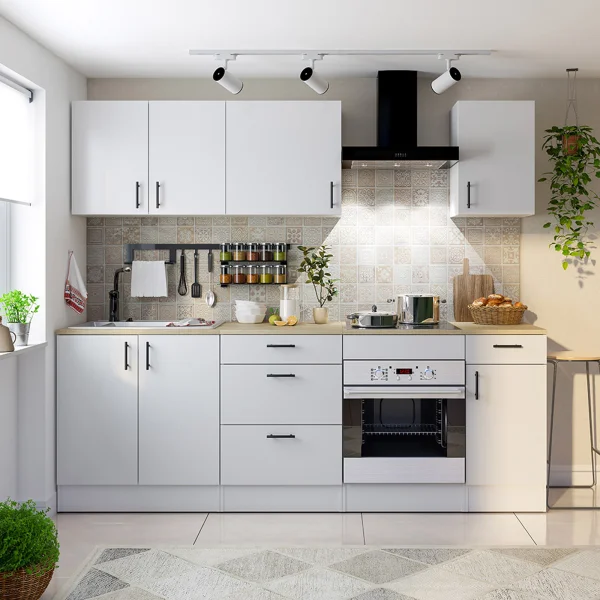 Cucina completa lineare 240 cm componibile bianco lucido rovere Kimera 2