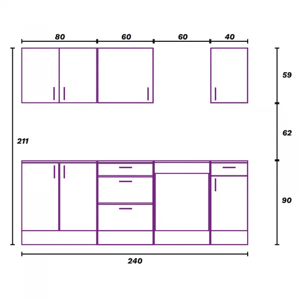 Cucina completa lineare 240 cm componibile bianco lucido rovere Kimera 2