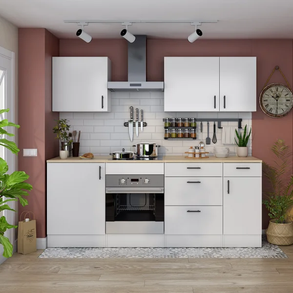 Cucina lineare 220 cm componibile bianco lucido rovere Kimera 4