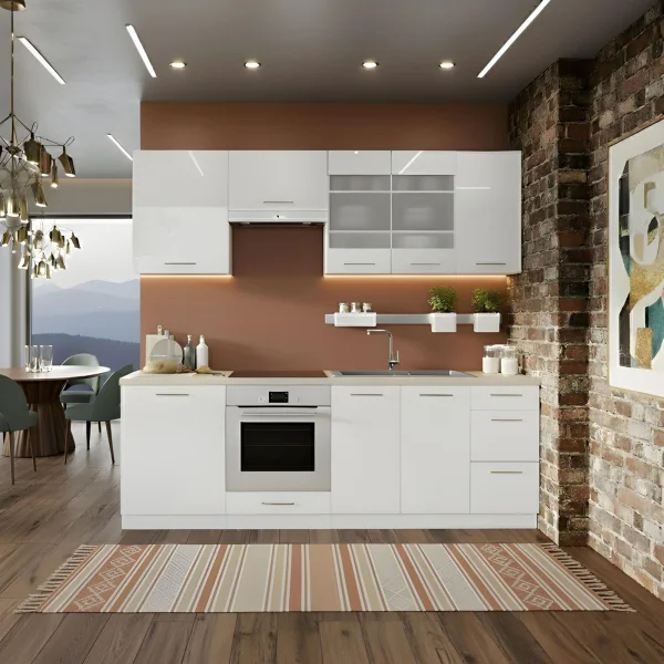 Cucina lineare 240cm completa componibile moderna con vano forno bianco lucido Brio