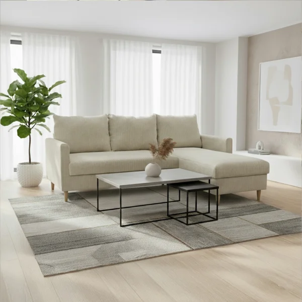 Divano angolare reversibile 198x142cm tessuto a coste bianco perla Chicca