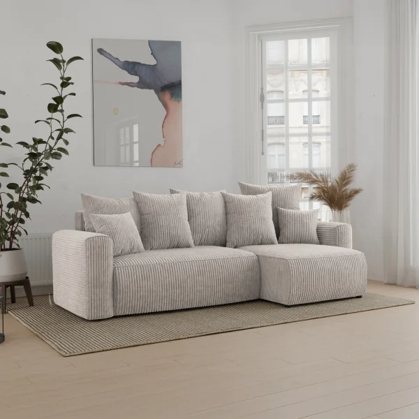 Divano letto angolare reversibile 238x142cm velluto a coste beige Scintilla