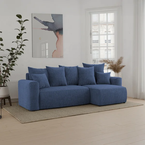 Divano letto angolare reversibile 238x142cm velluto a coste blu Scintilla