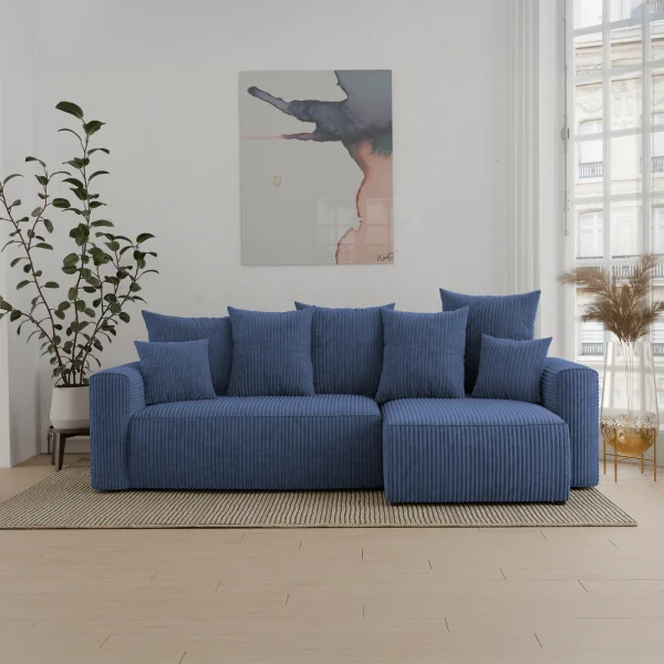 Divano letto angolare reversibile 238x142cm velluto a coste blu Scintilla