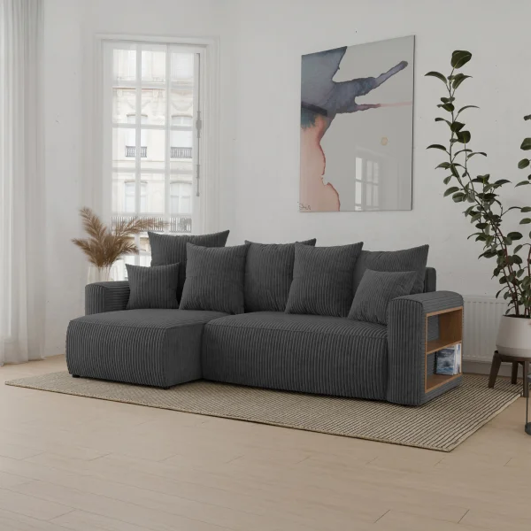 Divano letto angolare reversibile 238x142cm velluto a coste con libreria a destra antracite Mistery