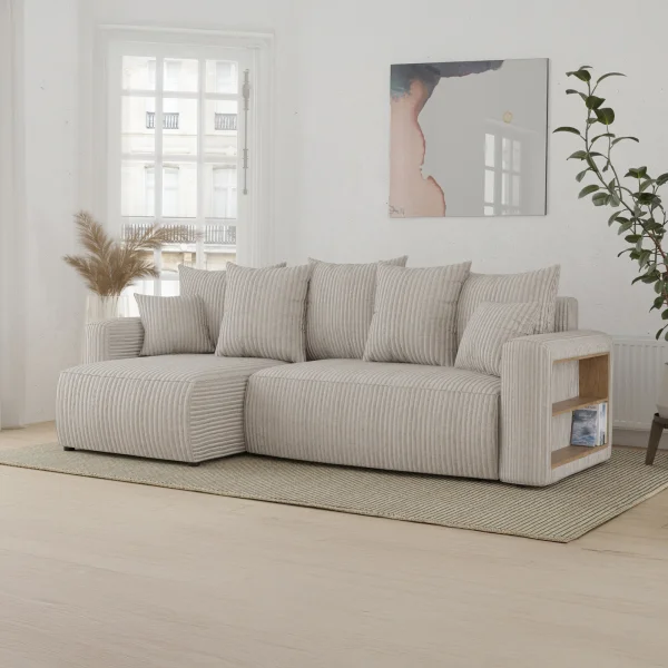 Divano letto angolare reversibile 238x142cm velluto a coste con libreria a destra beige Mistery