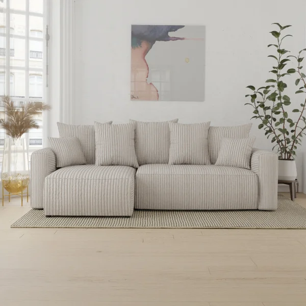 Divano letto angolare reversibile 238x142cm velluto a coste con libreria a destra beige Mistery