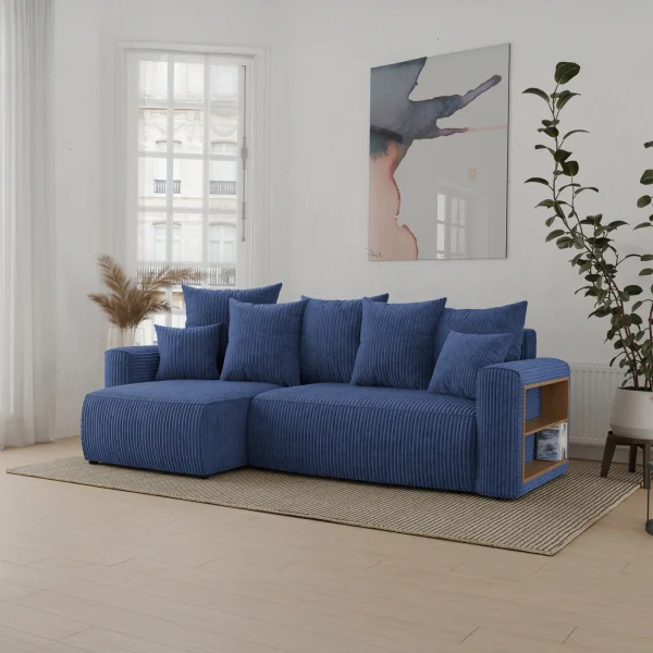 Divano letto angolare reversibile 238x142cm velluto a coste con libreria a destra blu Mistery