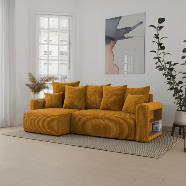 Divano letto angolare reversibile 238x142cm velluto a coste con libreria a destra giallo senape Mistery