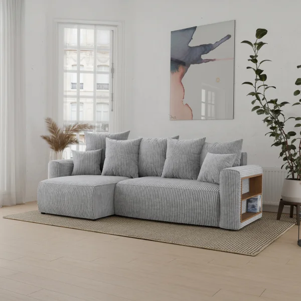 Divano letto angolare reversibile 238x142cm velluto a coste con libreria a destra grigio chiaro Mistery