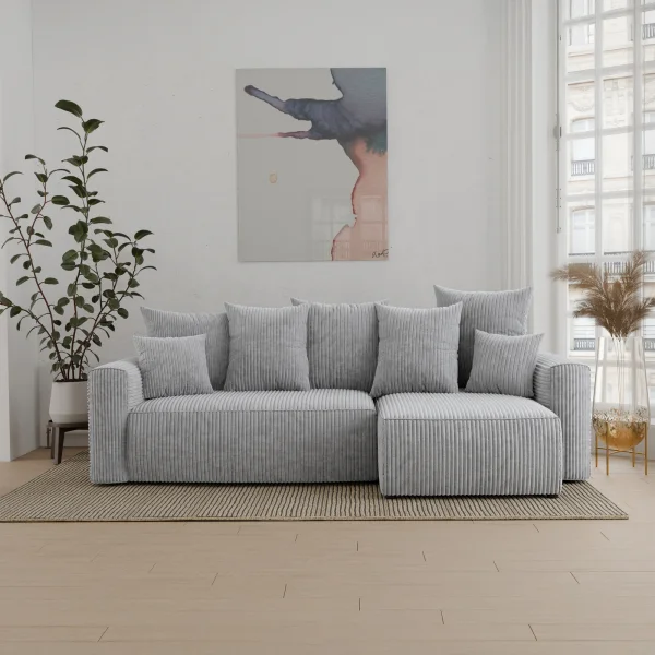 Divano letto angolare reversibile 238x142cm velluto a coste con libreria a destra grigio chiaro Mistery