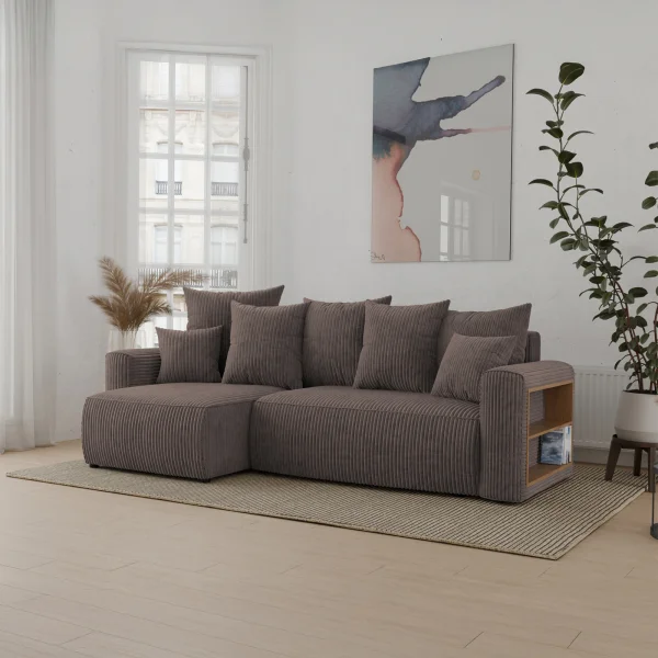 Divano letto angolare reversibile 238x142cm velluto a coste con libreria a destra marrone Mistery