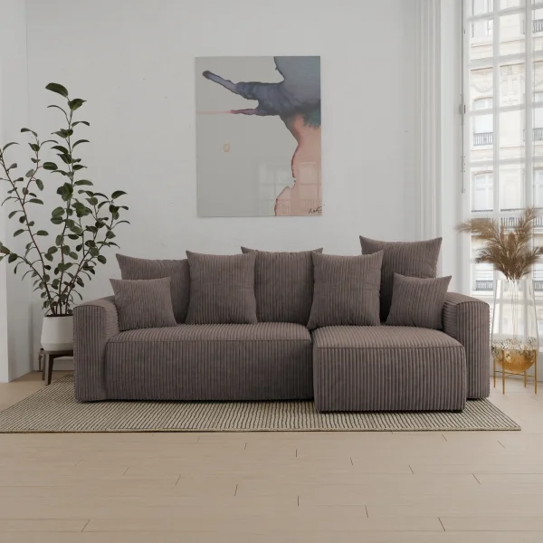 Divano letto angolare reversibile 238x142cm velluto a coste con libreria a destra marrone Mistery