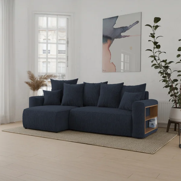 Divano letto angolare reversibile 238x142cm velluto a coste con libreria a destra nero Mistery