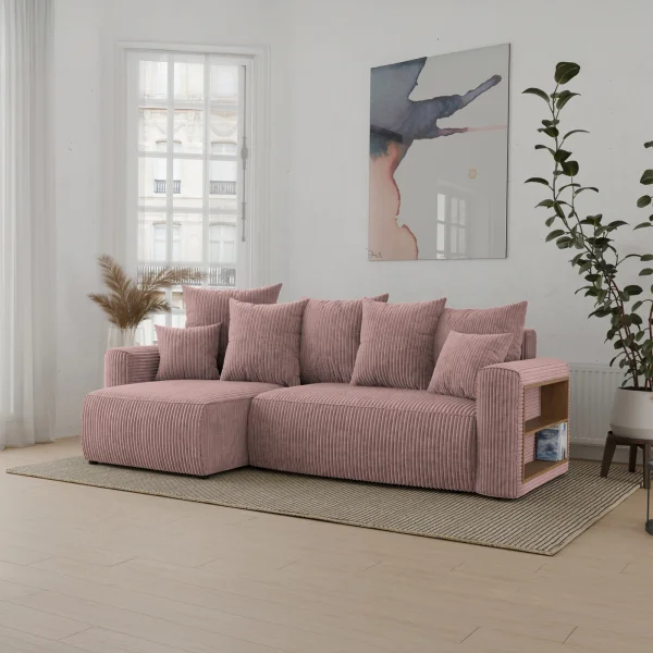 Divano letto angolare reversibile 238x142cm velluto a coste con libreria a destra rosa antico Mistery