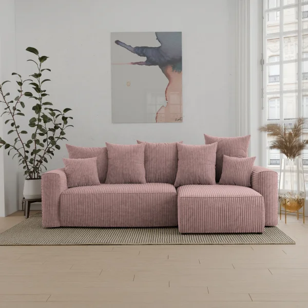 Divano letto angolare reversibile 238x142cm velluto a coste con libreria a destra rosa antico Mistery