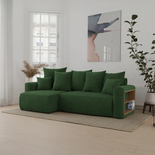 Divano letto angolare reversibile 238x142cm velluto a coste con libreria a destra verde scuro Mistery