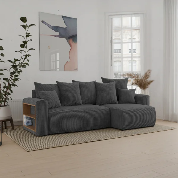 Divano letto angolare reversibile 238x142cm velluto a coste con libreria a sinistra antracite Mistery