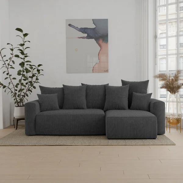 Divano letto angolare reversibile 238x142cm velluto a coste con libreria a sinistra antracite Mistery