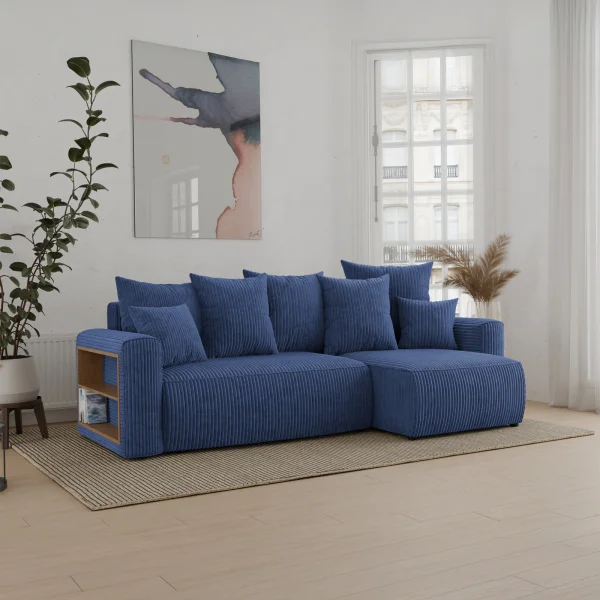 Divano letto angolare reversibile 238x142cm velluto a coste con libreria a sinistra blu Mistery