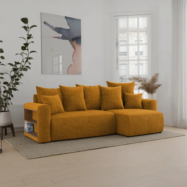 Divano letto angolare reversibile 238x142cm velluto a coste con libreria a sinistra giallo senape Mistery