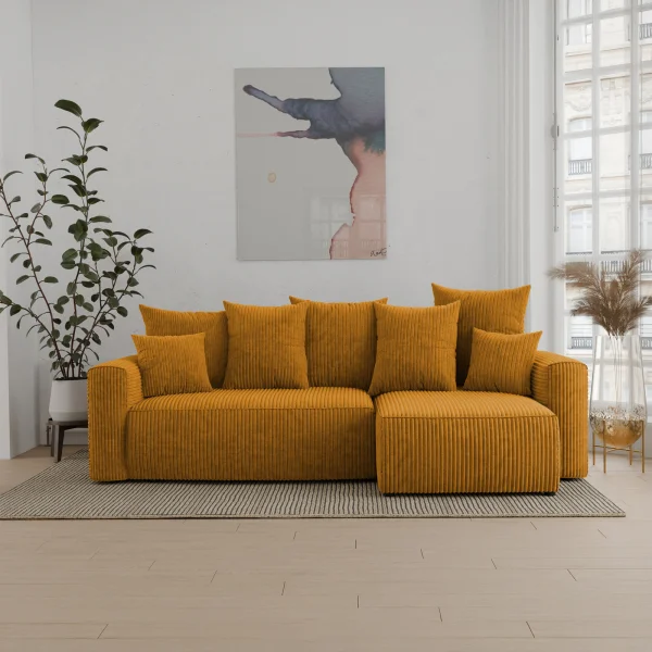 Divano letto angolare reversibile 238x142cm velluto a coste con libreria a sinistra giallo senape Mistery