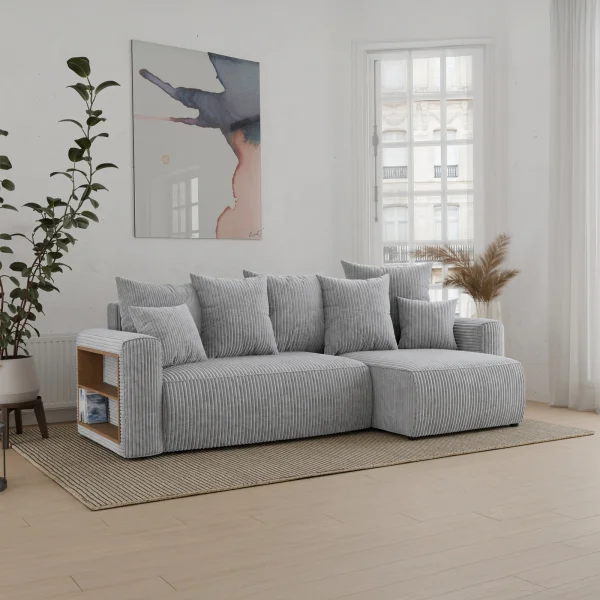 Divano letto angolare reversibile 238x142cm velluto a coste con libreria a sinistra grigio chiaro Mistery