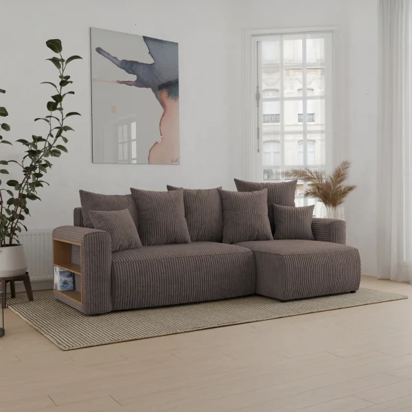 Divano letto angolare reversibile 238x142cm velluto a coste con libreria a sinistra marrone Mistery