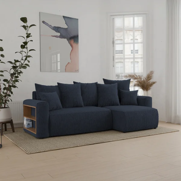 Divano letto angolare reversibile 238x142cm velluto a coste con libreria a sinistra nero Mistery