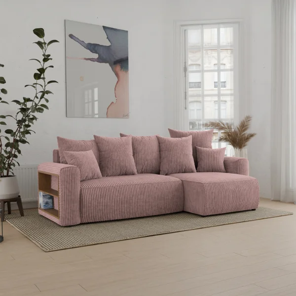 Divano letto angolare reversibile 238x142cm velluto a coste con libreria a sinistra rosa antico Mistery