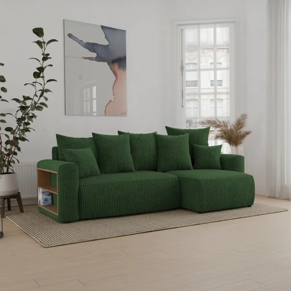 Divano letto angolare reversibile 238x142cm velluto a coste con libreria a sinistra verde scuro Mistery