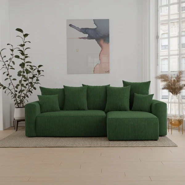 Divano letto angolare reversibile 238x142cm velluto a coste con libreria a sinistra verde scuro Mistery