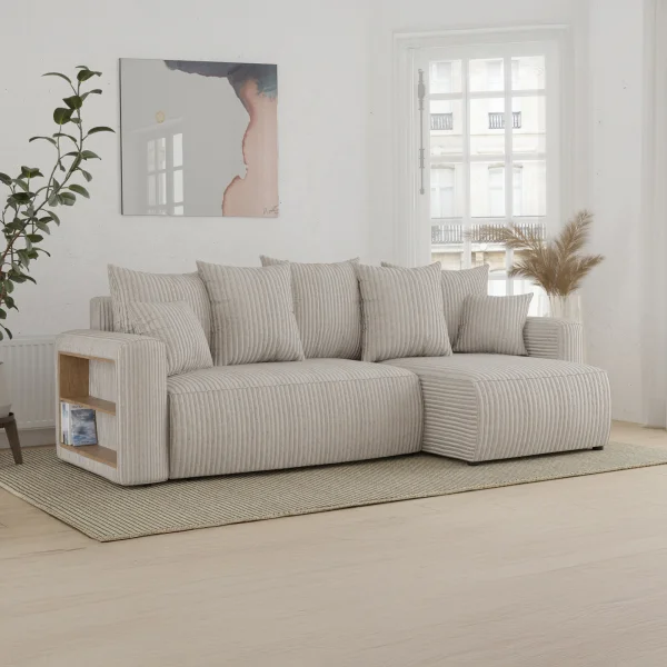 Divano letto angolare reversibile 238x142cm velluto a coste con libreria beige Mistery
