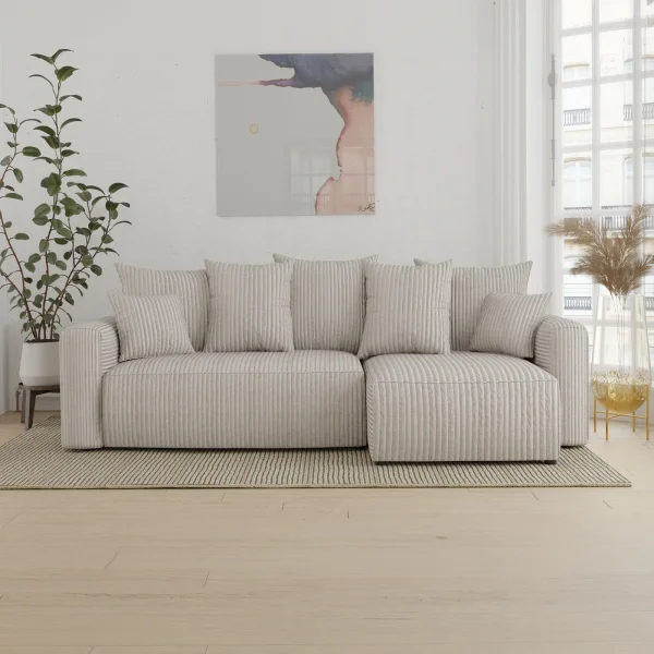 Divano letto angolare reversibile 238x142cm velluto a coste con libreria beige Mistery