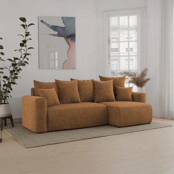 Divano letto angolare reversibile 238x142cm velluto a coste giallo senape Scintilla