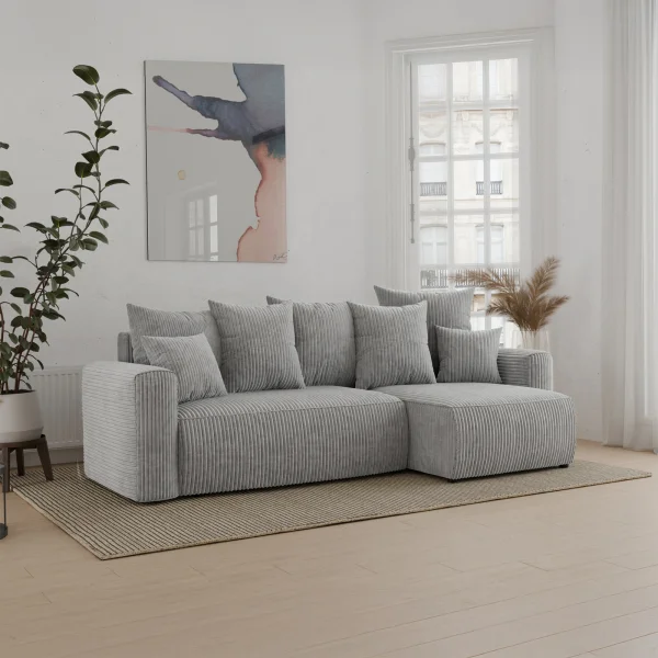 Divano letto angolare reversibile 238x142cm velluto a coste grigio chiaro Scintilla