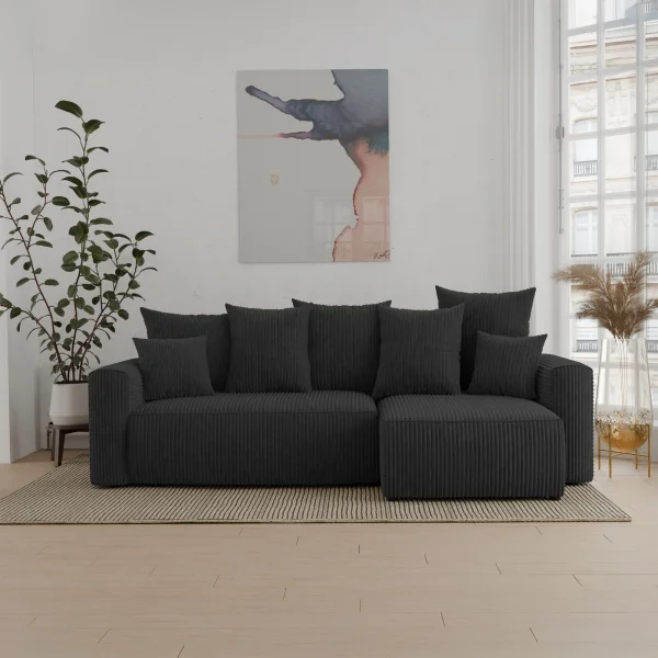 Divano letto angolare reversibile 238x142cm velluto a coste nero Scintilla
