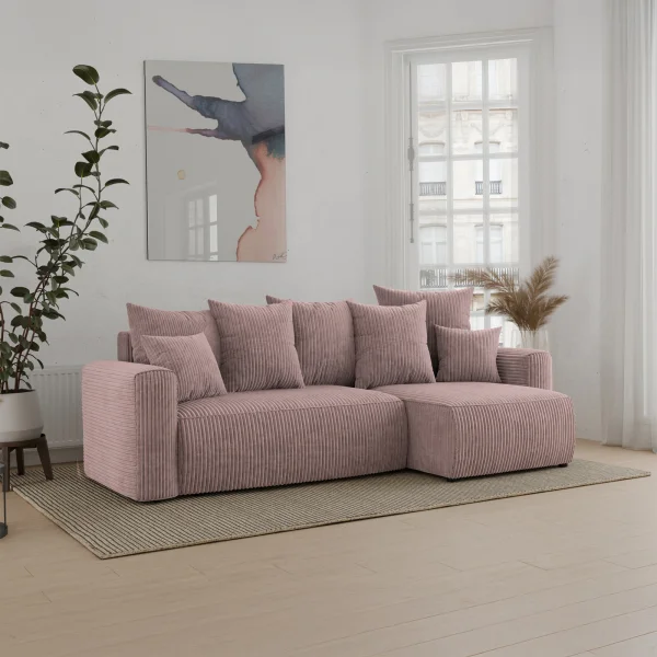 Divano letto angolare reversibile 238x142cm velluto a coste rosa antico Scintilla