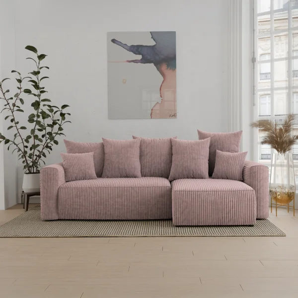 Divano letto angolare reversibile 238x142cm velluto a coste rosa antico Scintilla