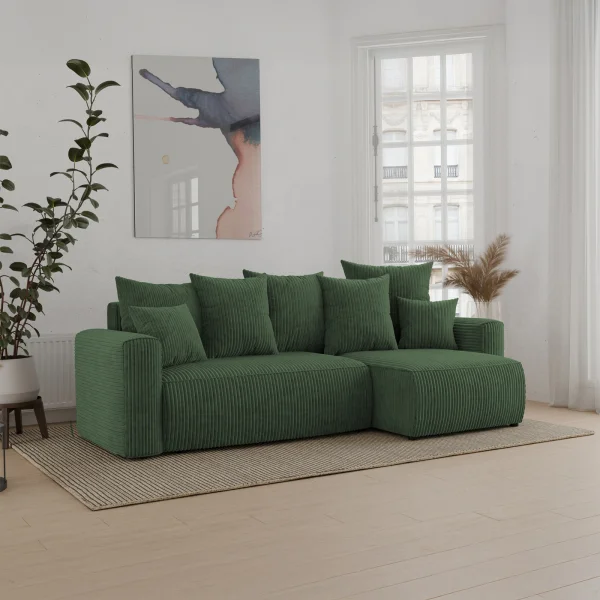 Divano letto angolare reversibile 238x142cm velluto a coste verde scuro Scintilla