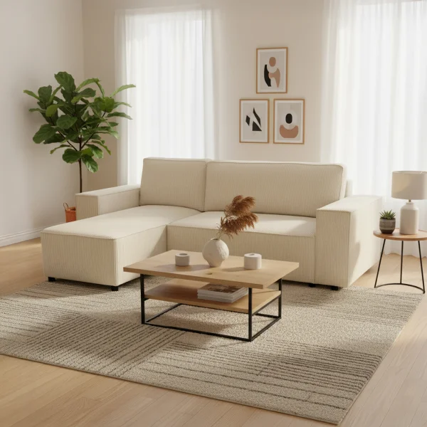 Divano letto angolare reversibile 242x155cm tessuto a coste beige Angels