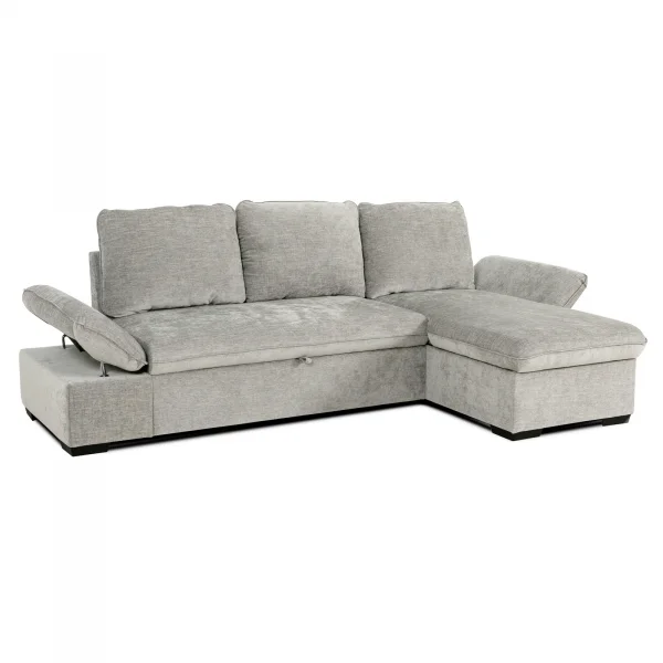 Divano letto angolare reversibile 260x148cm con vano contenitore tessuto grigio Arturo