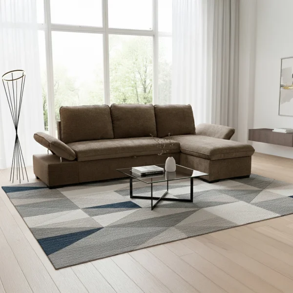 Divano letto angolare reversibile 260x148cm con vano contenitore tessuto marrone Arturo