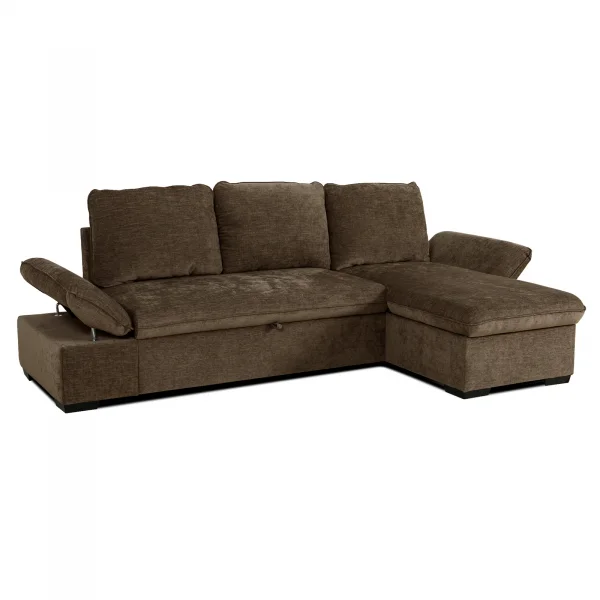 Divano letto angolare reversibile 260x148cm con vano contenitore tessuto marrone Arturo