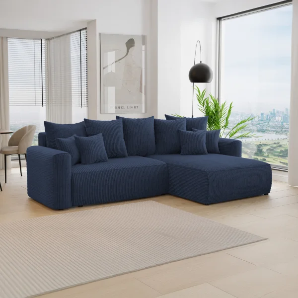 Divano letto angolare reversibile 260x160cm velluto a coste blu Scintilla