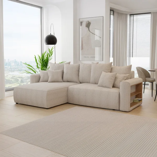 Divano letto angolare reversibile 260x160cm velluto a coste con libreria a destra beige Mistery