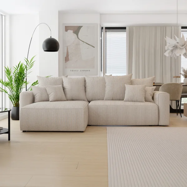Divano letto angolare reversibile 260x160cm velluto a coste con libreria a destra beige Mistery